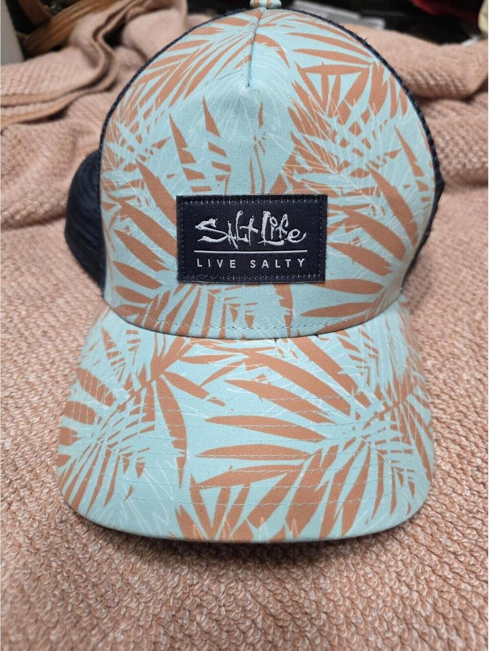 Salt Life Trucker Hat Palm Print Aqua Orange Snapback Mesh Cap